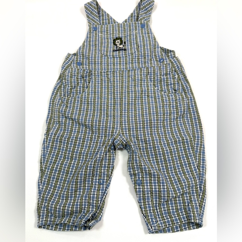 VINTAGE OSHKOSH Boys Plaid Overalls 6-9m Lion Embroidered 90s Y2K Cottagecore - Picture 9 of 13